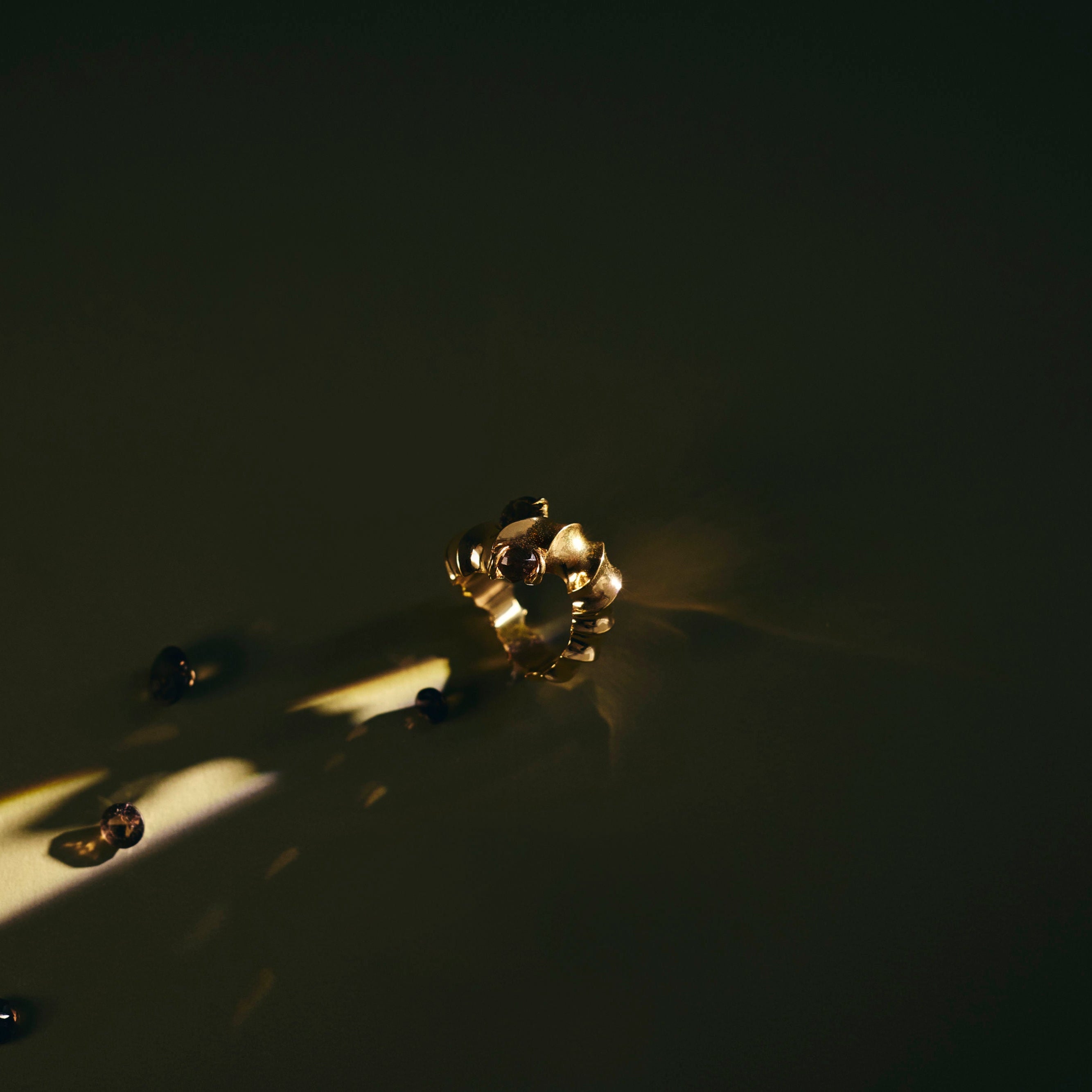 Shoal Ring sculpted in bronze with Cognac Topazes in clustered setting, finished in 24k gold plating
