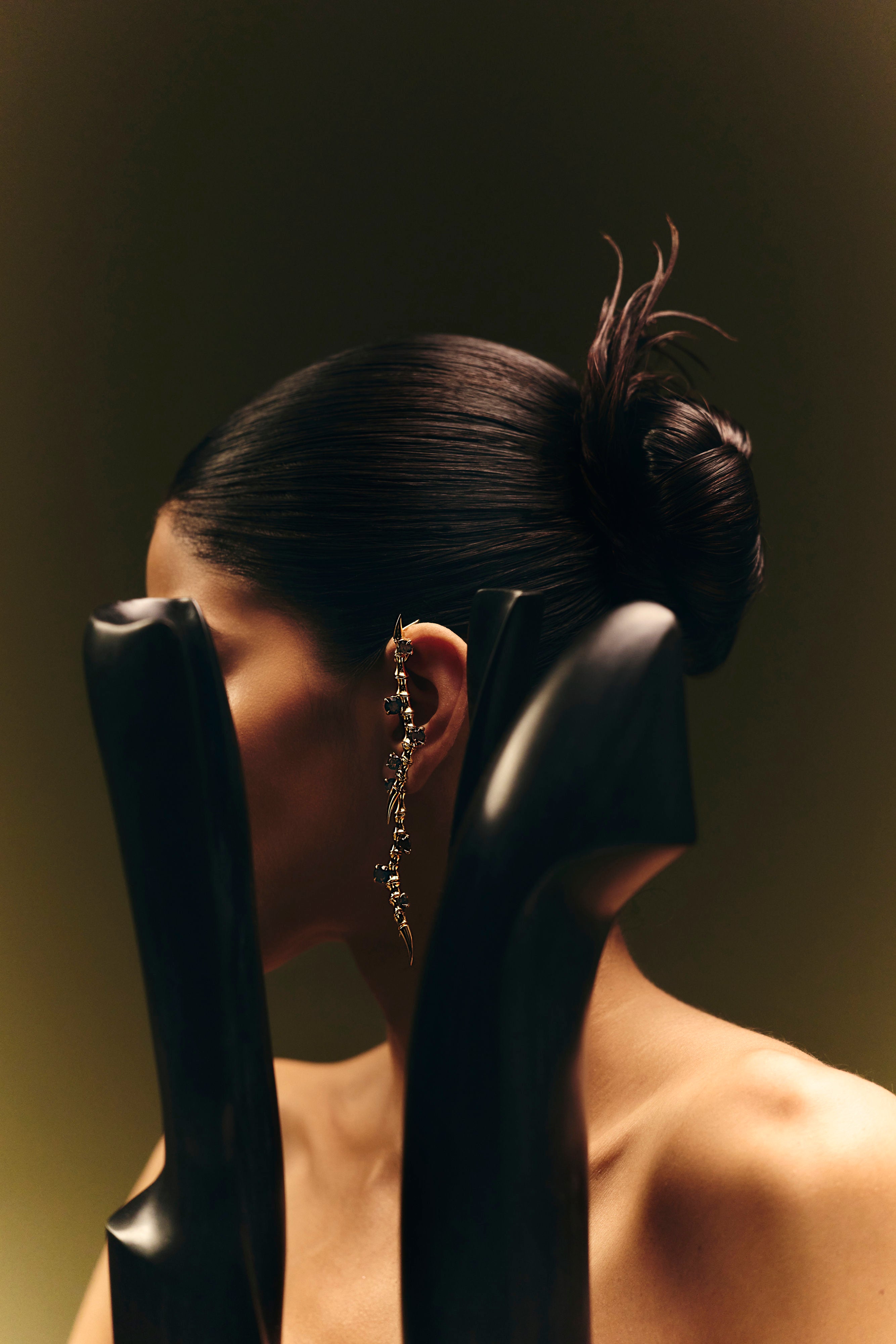 Strait Earrings sculpted in bronze with Cognac Topazes along flowing edge, finished in 24k gold plating